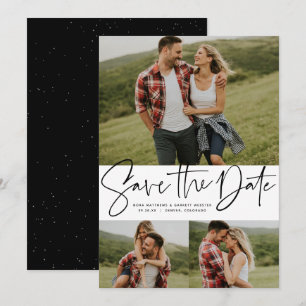 Save The Date Script moderne tendance trois photo noir et blanc