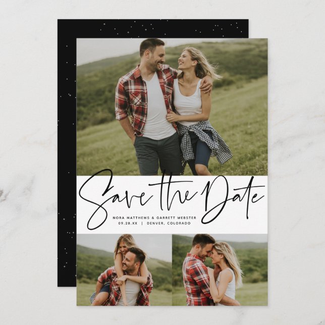 Save The Date Script moderne tendance trois photo noir et blanc (Devant / Derrière)