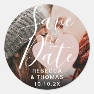 Save the Date Script Personalised Names Photo Classic Round Sticker