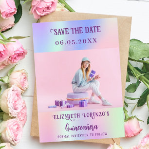 Save The Date Script photo holographique rose violet Quinceanera