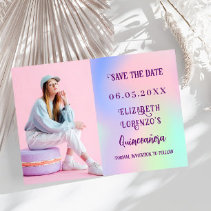 Save The Date Script photo holographique rose violet Quinceanera