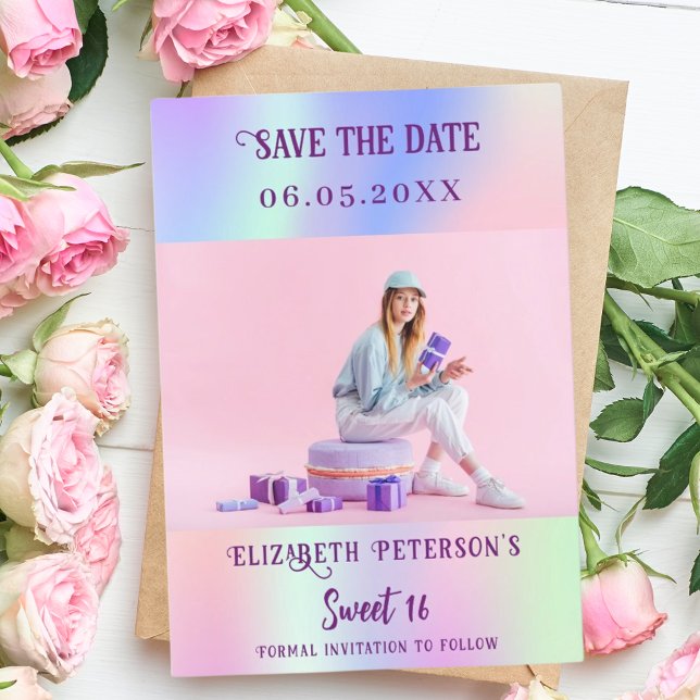 Save The Date Script photo holographique rose violet Sweet 16 (Créateur téléchargé)