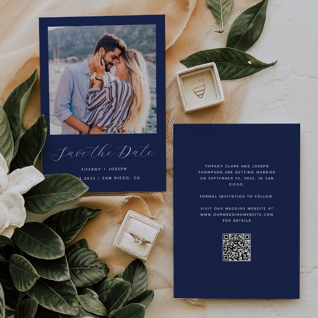 Save The Date Script photo minimal Navy Blue QR Code (Créateur téléchargé)