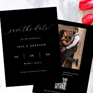 Save The Date Script romantique chic noir & blanc photo QR Code
