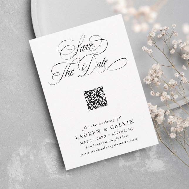 Save The Date Script romantique QR Code noir et blanc (Créateur téléchargé)