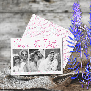 Save The Date Script rose magenta calligraphie 3 photo collage s