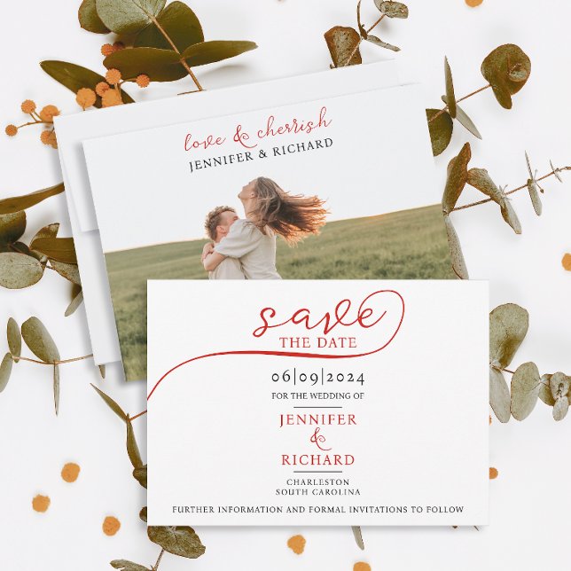 Save The Date Script rouge minimal simple avec Mariage blanc pho (Créateur téléchargé)