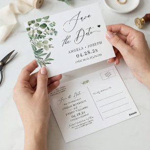 Save the Date Script Simple Elegant Eucalyptus Postcard