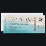 Save the Date Script Tropical Beach Boarding Pass<br><div class="desc">Modern, fun, and unique Save the Date Boarding Pass Plane Ticket destination beach wedding announcement card with tropical teal blue turquoise water and sandy beach waves photo background with black elegant script text design. Airplane text colours are all editable in the advanced designer so you can design your own travel...</div>