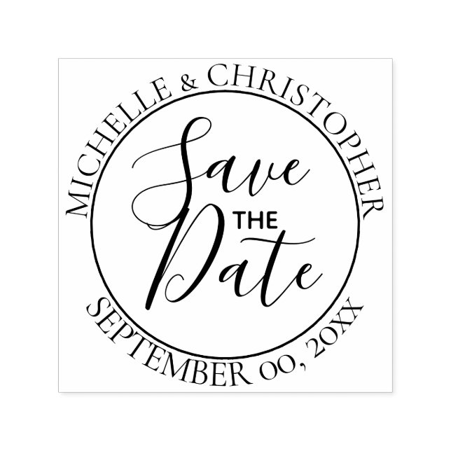 Save The Date Script wedding round minimalist chic Self-inking Stamp (Design)