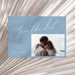 Save The Date Script Whimsical Dusty Blue Horizontal Photo