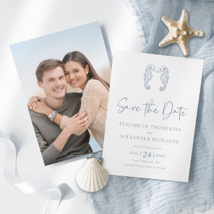 Save The Date Seahorse Coastal Beach Dusty Blue Mariage