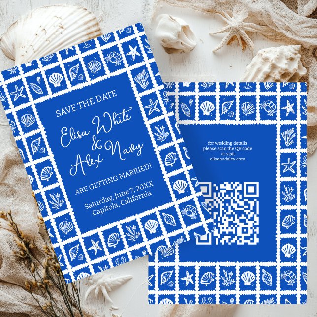 Save The Date Seashell Grid Beach Wedding Code QR PERSONNALISÉ (Seashell Grid Beach Wedding CUSTOM QR Code Save The Date
)