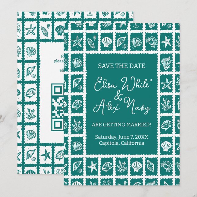 Save The Date Seashell Grid Beach Wedding Code QR PERSONNALISÉ (Devant / Derrière)