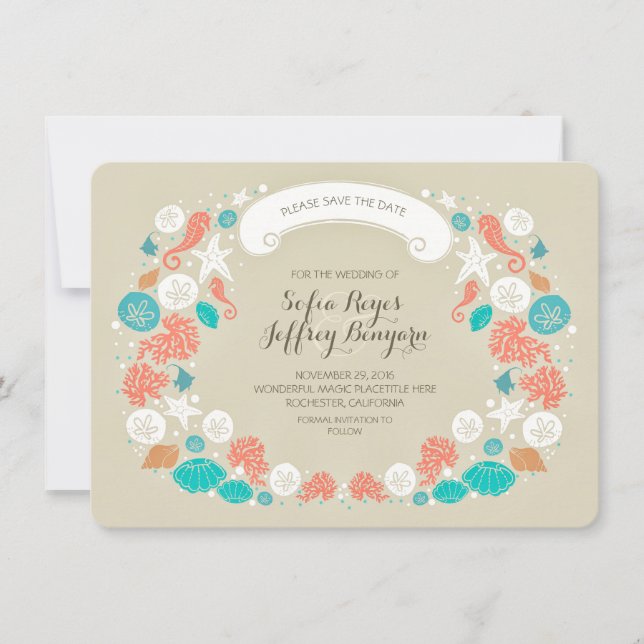 Save The Date Seashells wreath beach enregistrer la date CARDS (Devant)