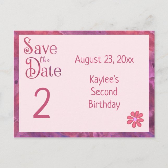 Save the Date Second Birthday for a Girl Announcement Postcard (Front)
