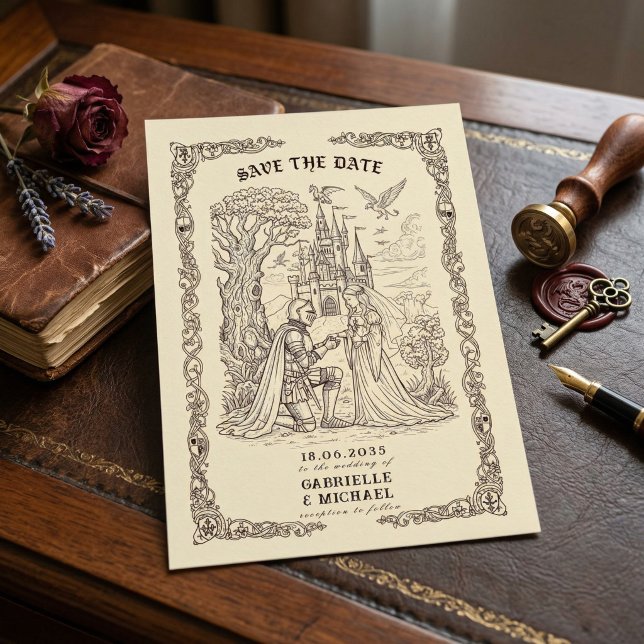 Save The Date Sepia Medieval Illustration Fairytale Wedding  (Créateur téléchargé)