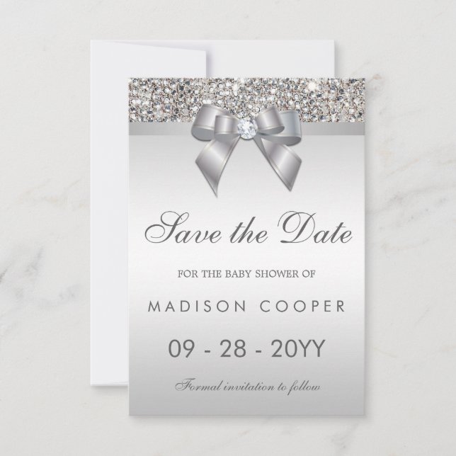 Save The Date Séquins Argent Bling Bow Enregistrer Le Baby showe (Devant)