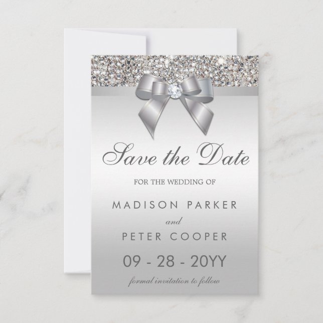 Save The Date Séquins Argent Bow Diamond Enregistrer Le Mariage  (Devant)