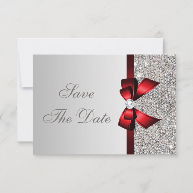 Save The Date Sequins Argent, Nœud Rouge & Diamant Enregistrez l (Devant)