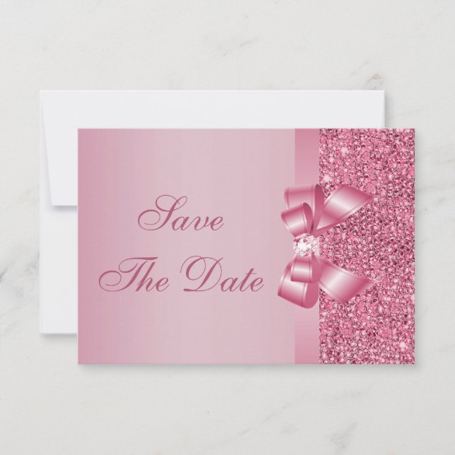 Save The Date Séquins imprimés rose Bow & Diamond Enregistrer la (Devant)