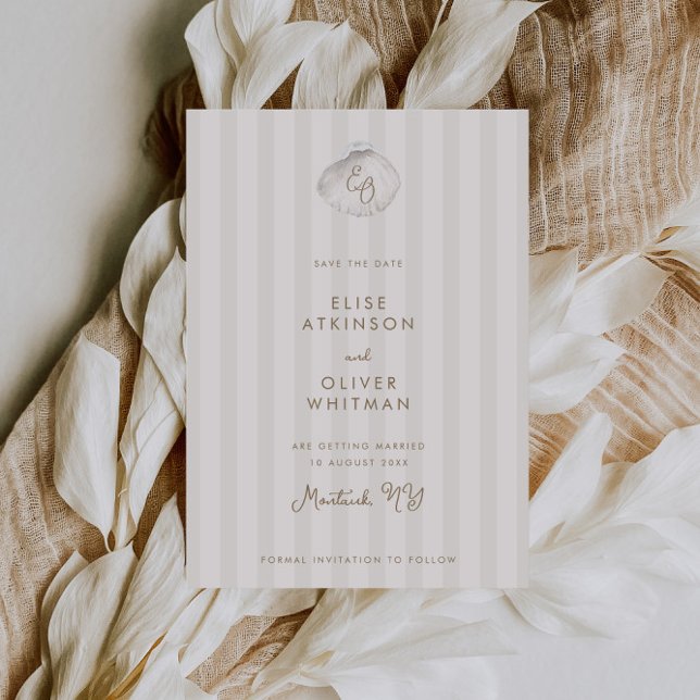 Save The Date Serene Shell Monogram Coastal Stripes Wedding (Créateur téléchargé)