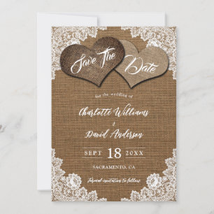 Save The Date Shabby Chic Burlap Mariage campagnard de dentelle 