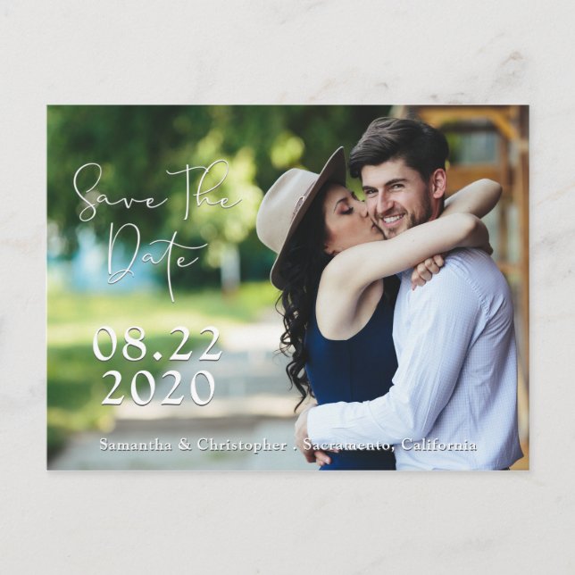 Save The Date Shadowed White Script | 2 Photos Announcement Postcard (Front)