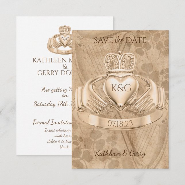 Save The Date Shamrock traditionnel irlandais Claddagh Ring & Ha (Devant / Derrière)