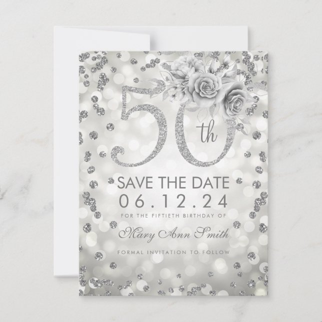 Save The Date Silver 50th Birthday Glam Lights Enregistrer La Da (Devant)