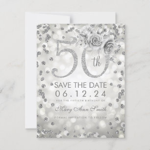 Save The Date Silver 50th Birthday Glam Lights Enregistrer La Da
