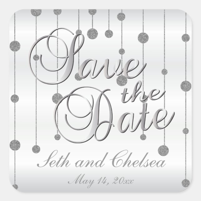 Save the Date Silver and White Satin | Personalize Square Sticker (Front)