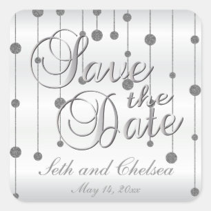 Save the Date Silver and White Satin   Personalize Square Sticker