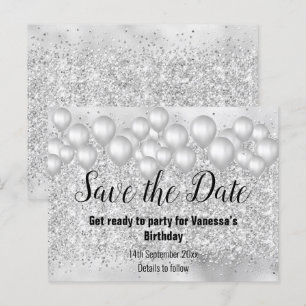 Save the Date Silver Balloons Glitter Announcement Postcard
