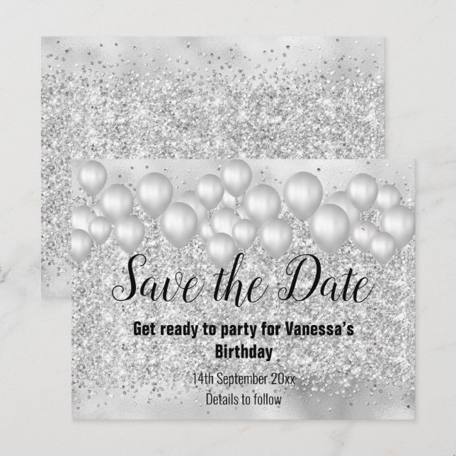 Save the Date Silver Balloons Glitter Announcement Postcard (Front/Back)