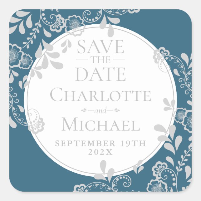 Save the Date Silver Blue Victorian Floral Lace Square Sticker (Front)
