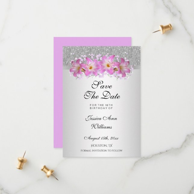 Save The Date Silver Classy & Belladonna Lilies 18e anniversaire (Devant/Arrière en situation)