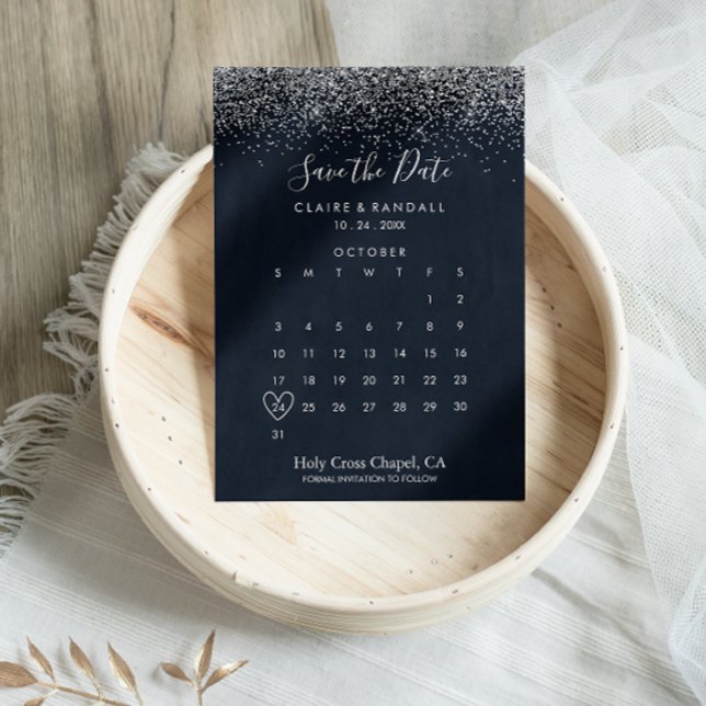 Save The Date Silver Confetti Calligraphie Enregistrer le calend (Créateur téléchargé)