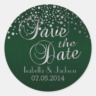 Save the Date   Silver Dots & Green   Personalize Classic Round Sticker