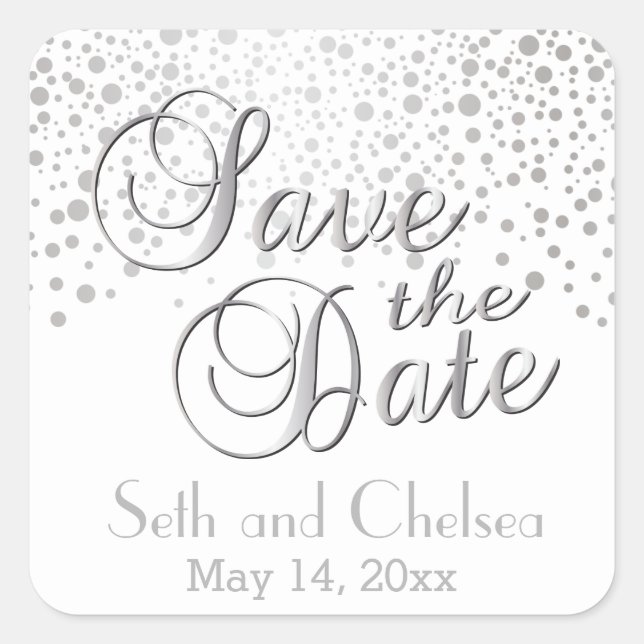 Save the Date Silver Dots | Personalize Square Sticker (Front)