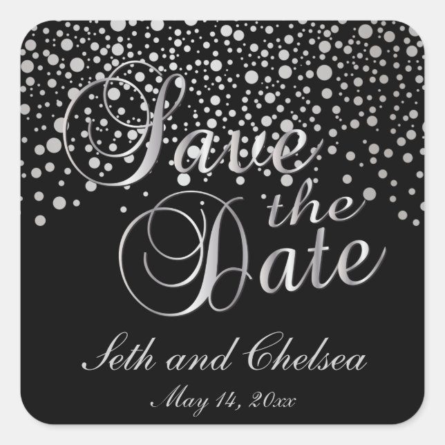 Save the Date Silver Dots | Personalize Square Sticker (Front)