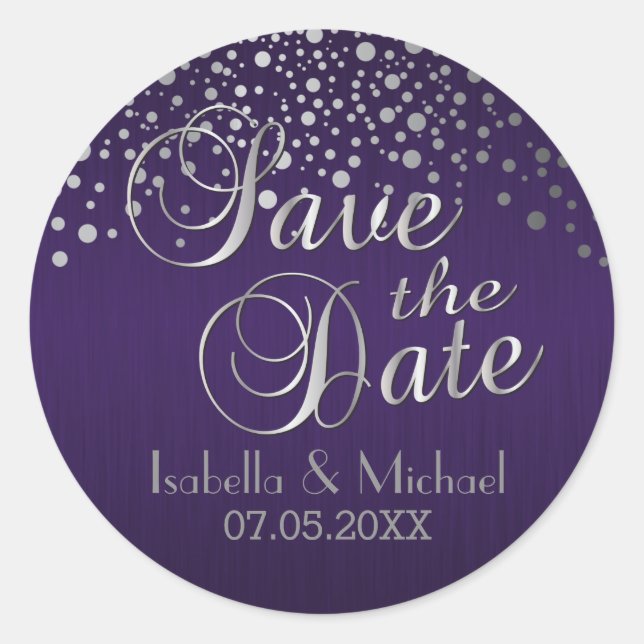 Save the Date | Silver Dots & Purple | Personalize Classic Round Sticker (Front)