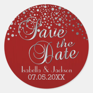 Save the Date   Silver Dots & Red   Personalize Classic Round Sticker