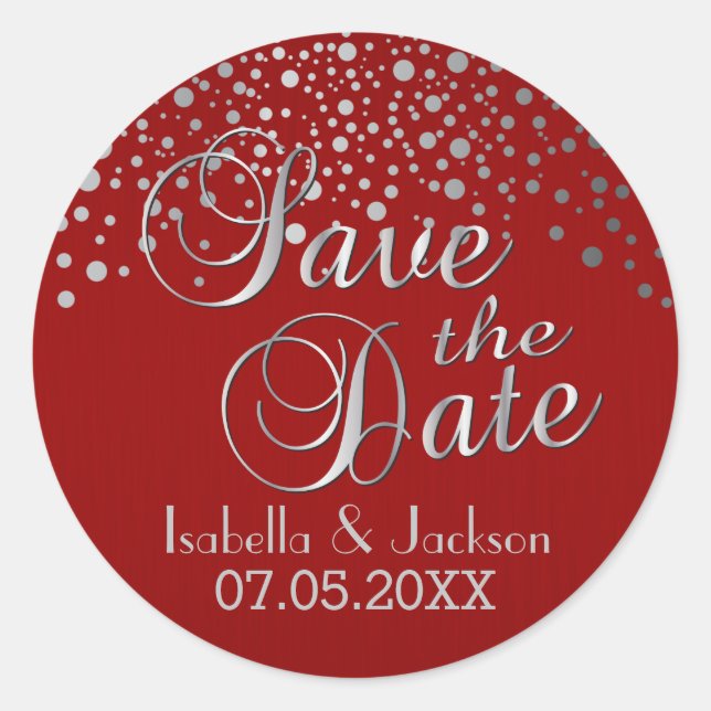 Save the Date | Silver Dots & Red | Personalize Classic Round Sticker (Front)
