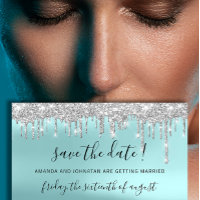 Save The Date Silver Grey Blue Spark Drips Aqua