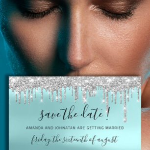 Save The Date Silver Grey Blue Spark Drips Aqua