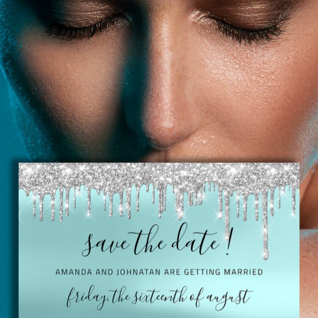 Save The Date Silver Grey Blue Spark Drips Aqua (Save The Date Silver Gray Blue Spark Drips Aqua)