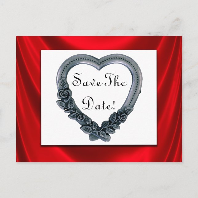 Save The Date Silver Heart & Red Satin Postcards (Front)