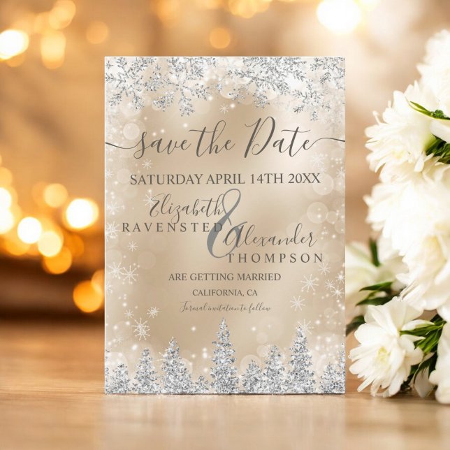 Save The Date Silver neige feuille d'or de pin Noël sauver la da (Silver snow pine gold foil Christmas save the date)