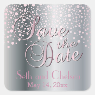 Save the Date Silver & Pink Dots   Personalize Square Sticker
